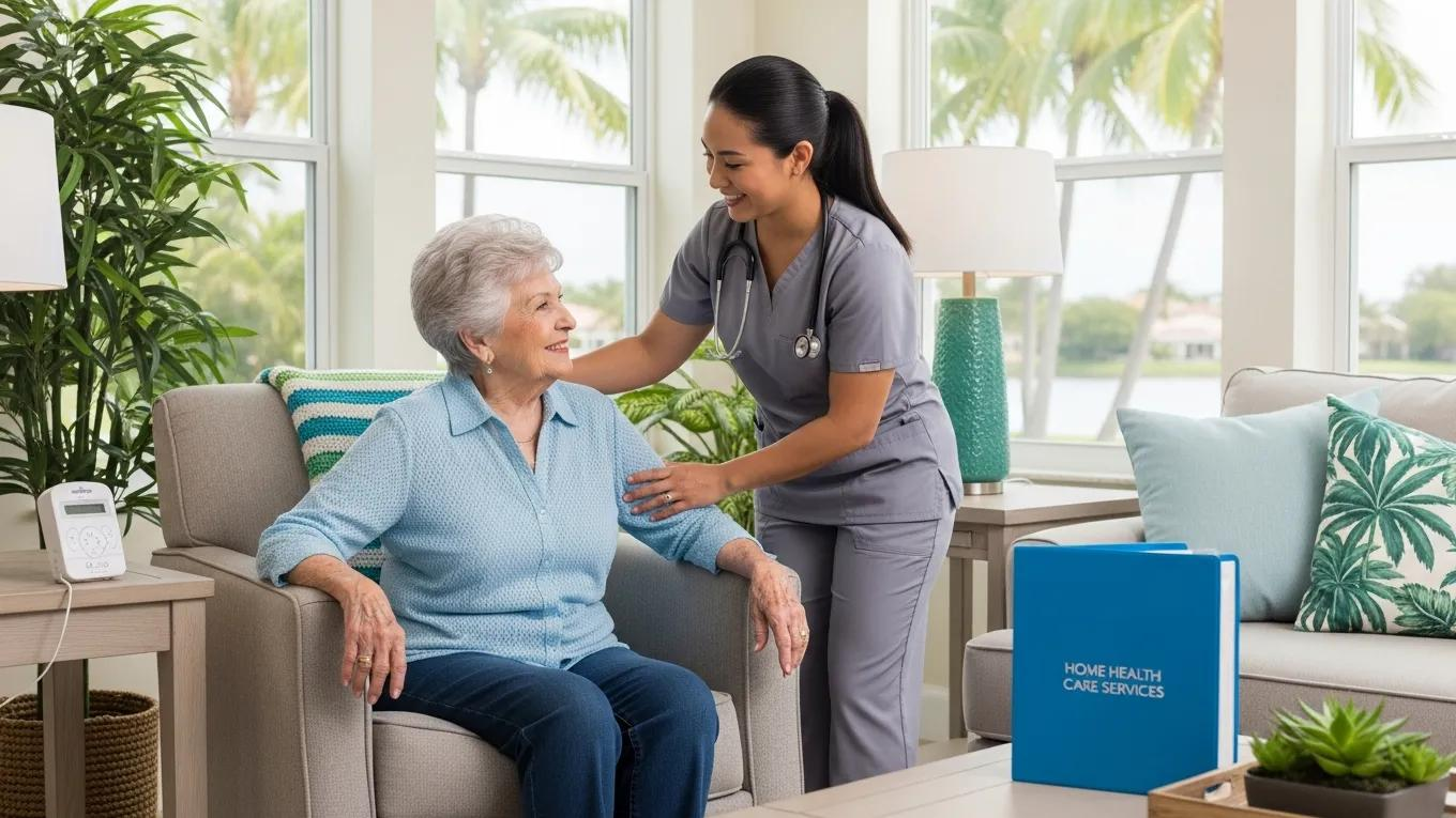 Caregiver assisting elderly person in a Miami Lakes home, showcasing home health care services