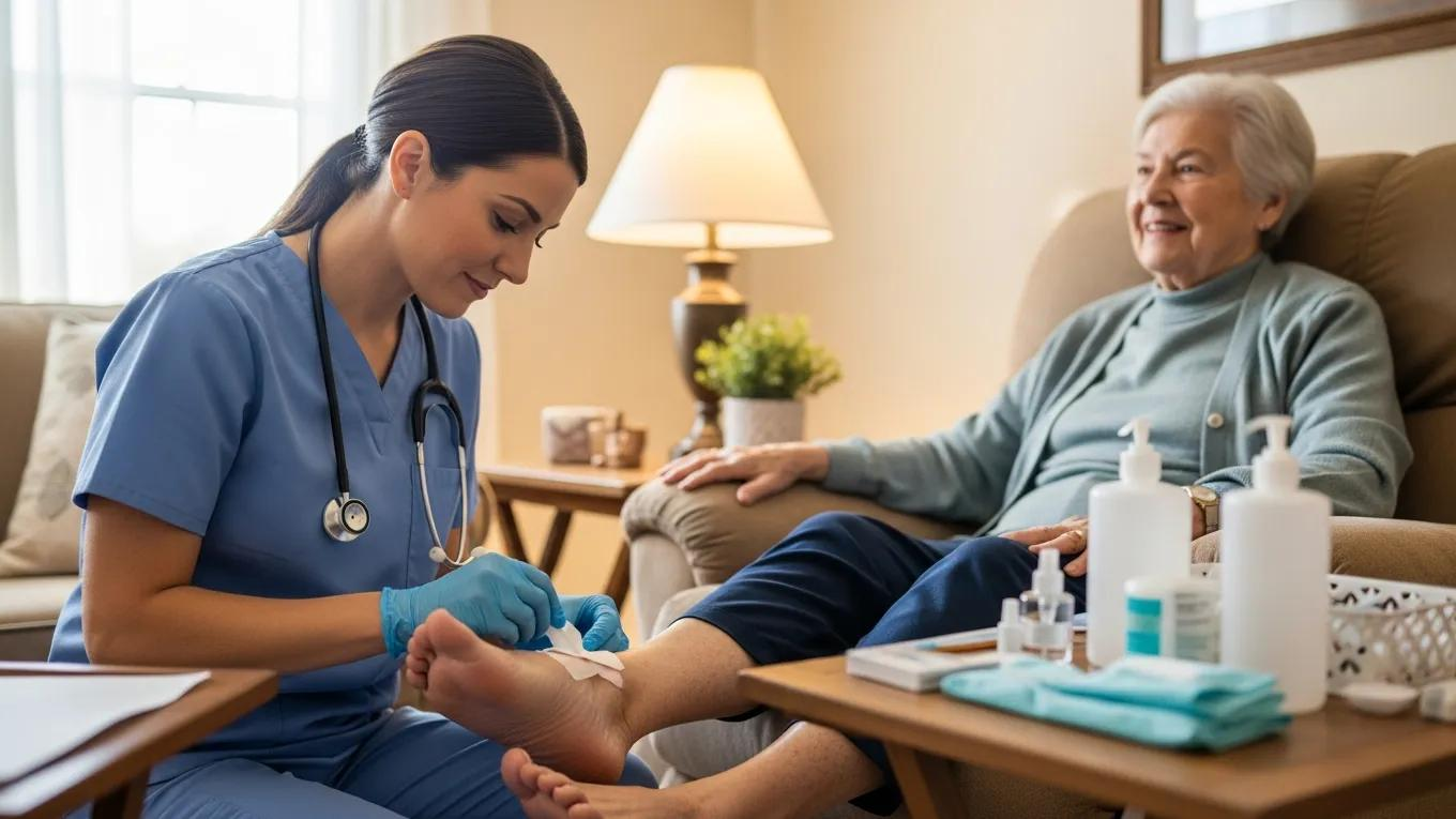 Nurse providing wound care at home, highlighting skilled nursing services in a comforting environment