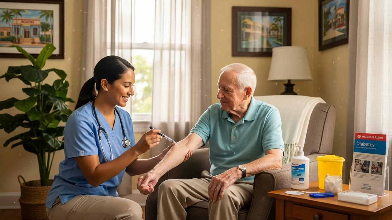 Home health care nurse assisting diabetic patient with insulin administration in a cozy Miami living room