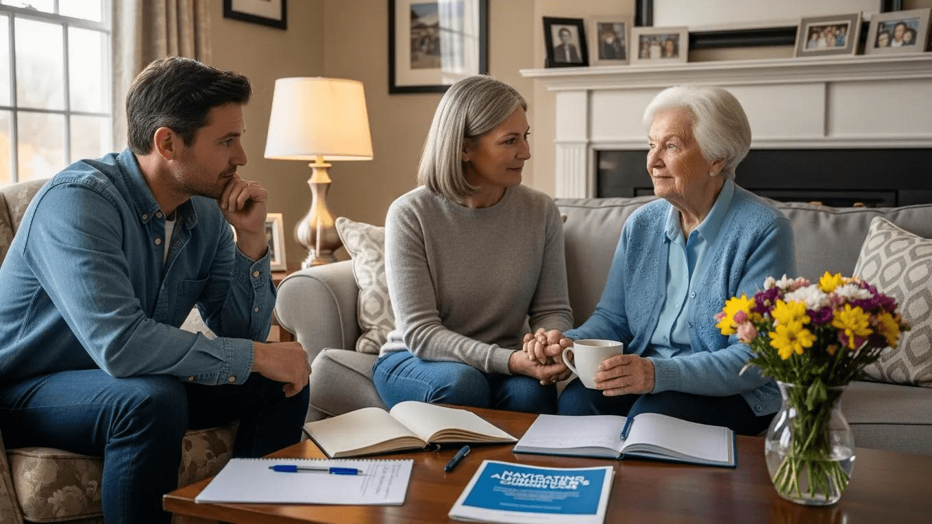 Family discussing Alzheimer's care planning in a cozy living room