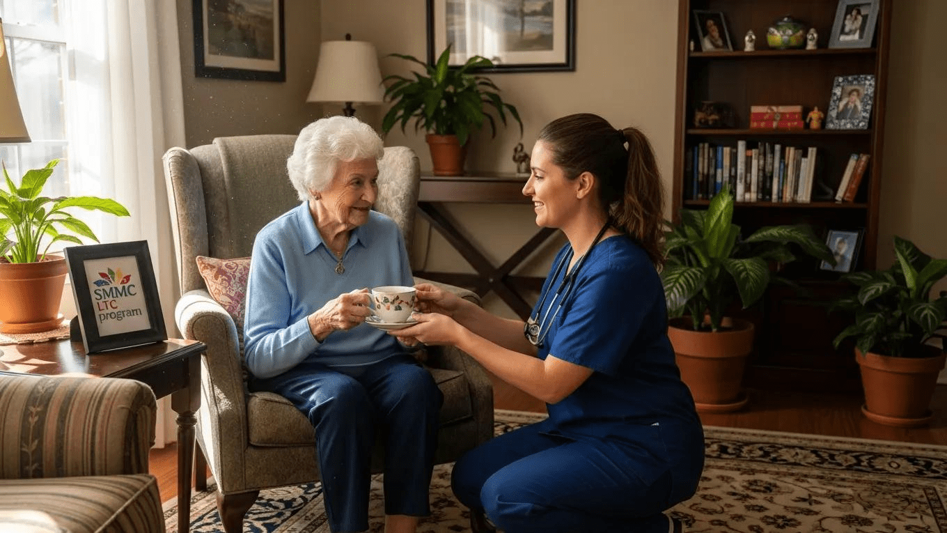 Home health aide assisting elderly person in a cozy living room, representing Florida's SMMC LTC program