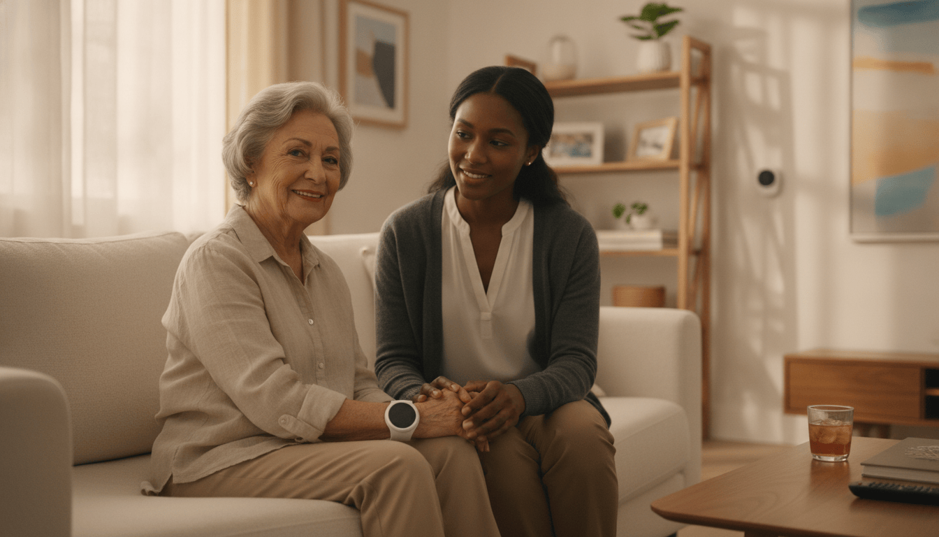 Older adult wearing a discreet fall-detection device at home