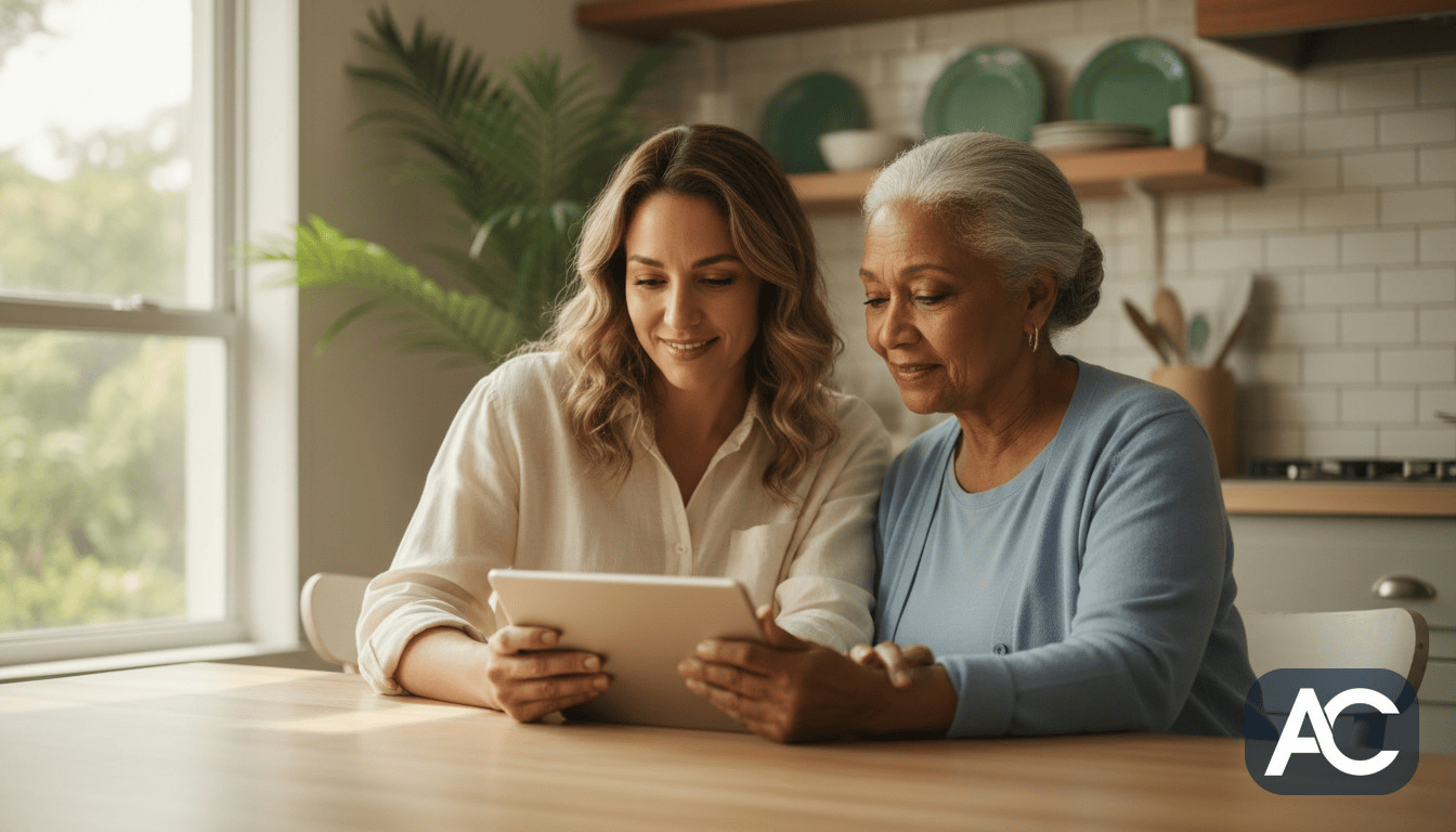 A family looking up home health information together on a tablet at home