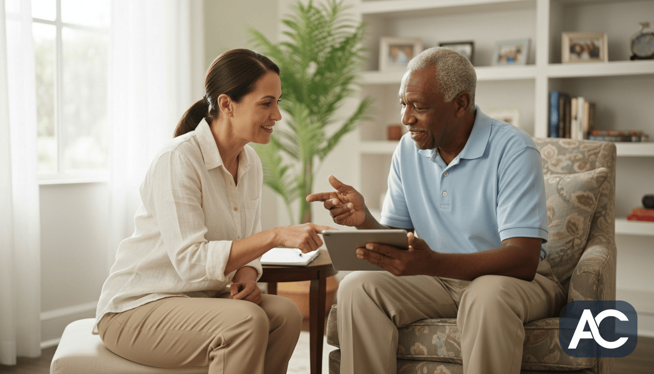 Physical therapist conducting an initial assessment with a senior patient in their Miami-Dade home, reviewing medical history and discussing symptoms.