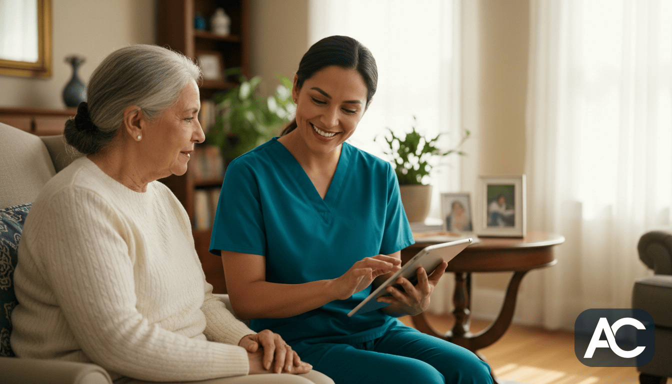Home health aide using a tablet to record patient visit data for EVV compliance.