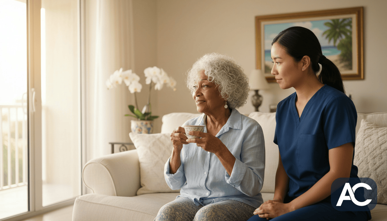 Family caregiver observing an elderly patient's subtle changes in condition at home.
