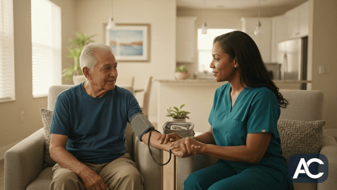 Skilled nurse conducting a comprehensive assessment of a patient's vital signs and overall condition at home.