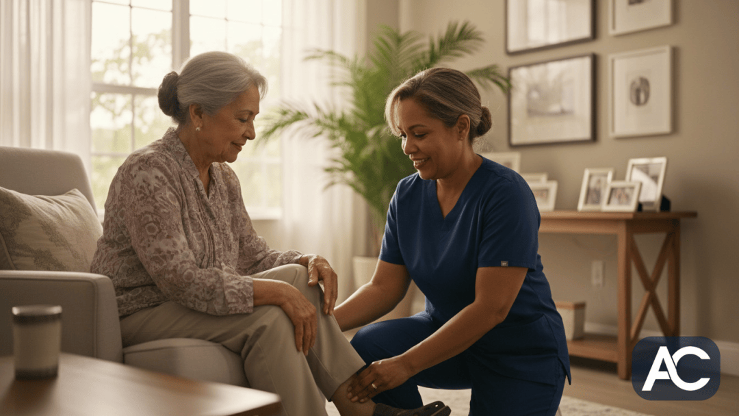 A home health aide assisting an elderly person with daily activities, demonstrating compassionate care.
