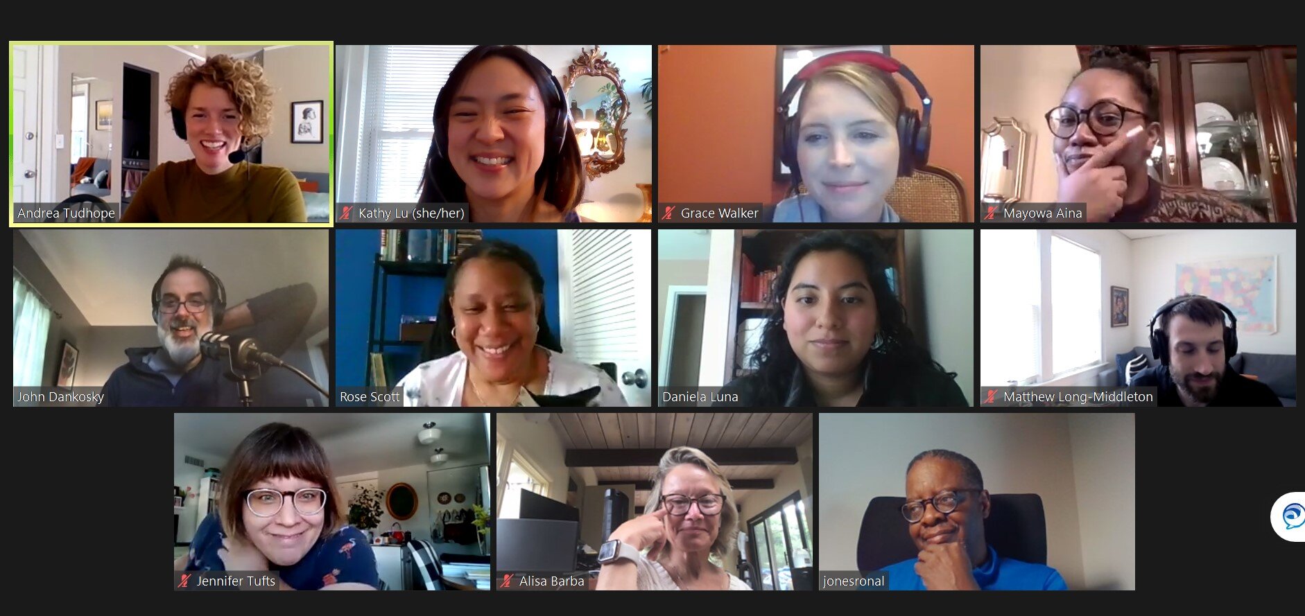 The talk show production teams batted many ideas around during our meetings. This was our first meeting with the team for our first episode. Top row, from left: Andrea Tudhope, Kathy Lu, Grace Walker, Mayowa Aina. Center row, from left: John Dankosk…