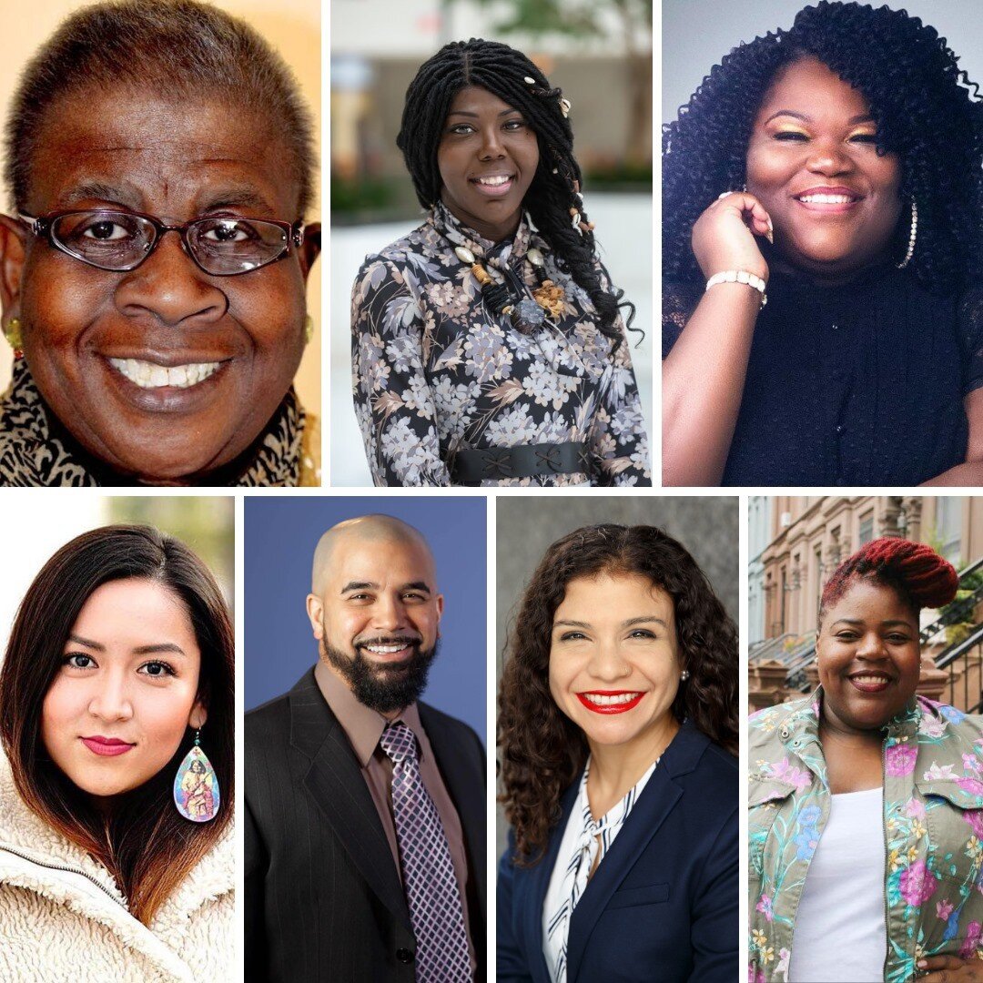 Guests in “America Amplified: Election 2020” episode 6, clockwise from top left: Catherine Meeks, Kendall Stephens, Cecelia Johnson, Valencia “V” Gunder, Elisa Batista, Tim Ramos, Allie Young.