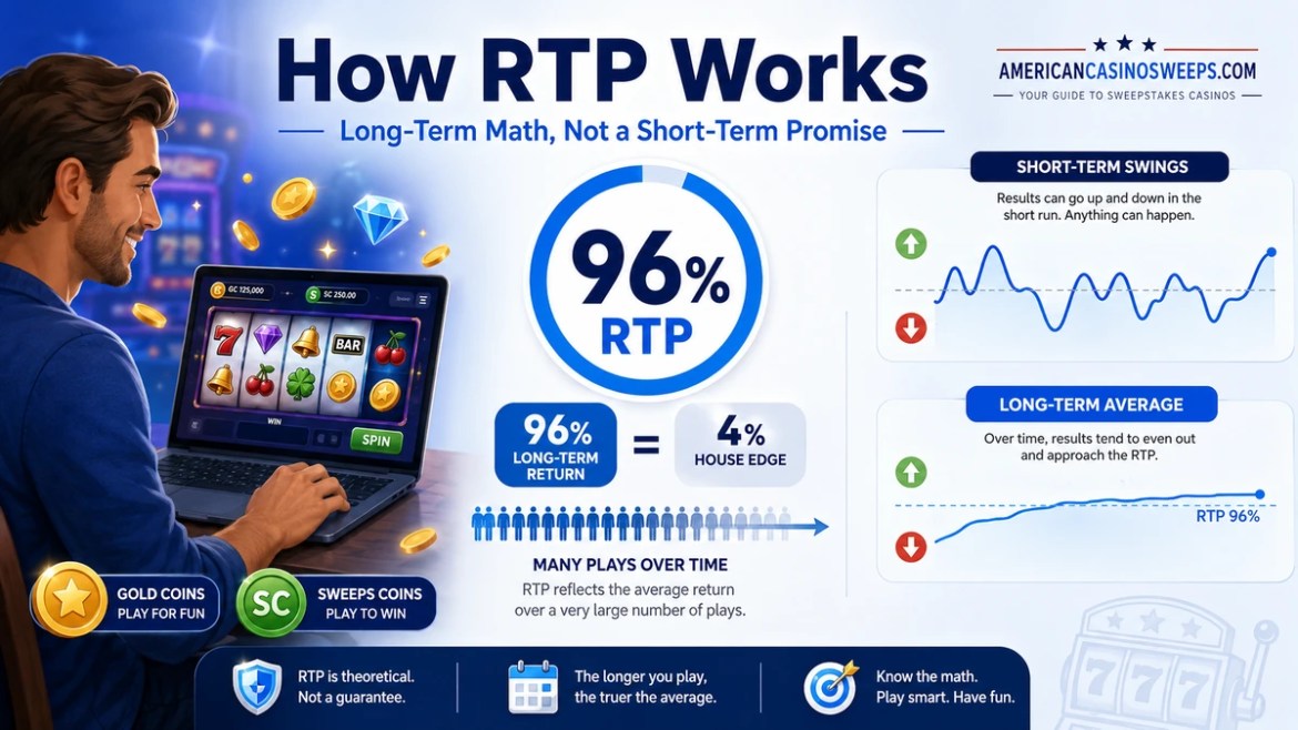 Infographic explaining how RTP works in sweepstakes casino games, showing 96% return to player, 4% house edge, Gold Coins, Sweeps Coins, short-term swings, and long-term average results.