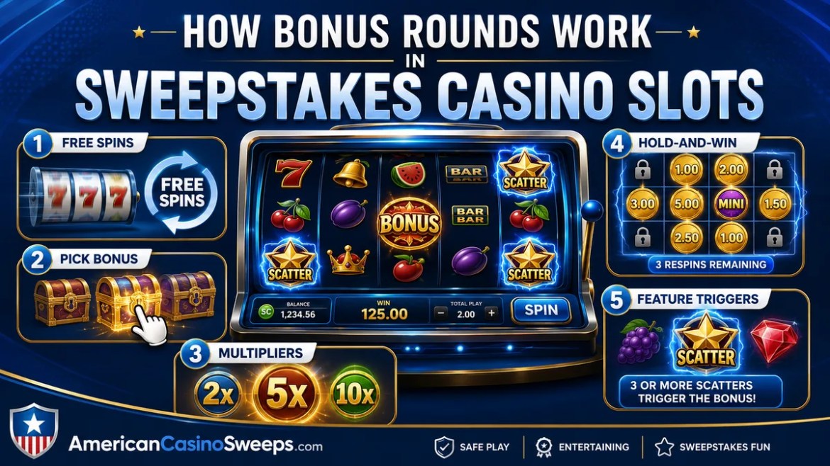 Infographic explaining how bonus rounds work in sweepstakes casino slots, including free spins, pick bonuses, multipliers, hold-and-win features and scatter triggers.