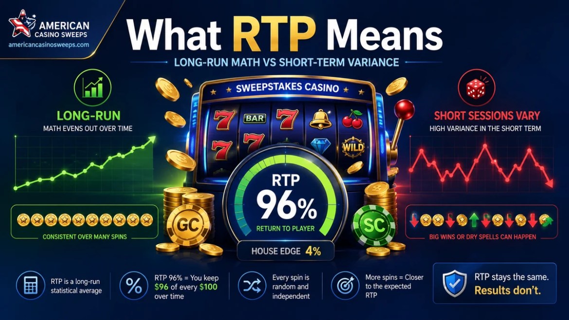 Infographic explaining what RTP means in sweepstakes casino games, showing 96 percent return to player, long-run math, house edge, Gold Coins, Sweeps Coins, and short-term variance.