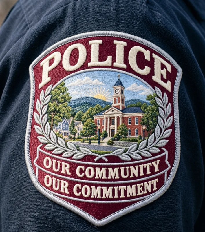 Burgundy embroidered police shoulder patch — OUR COMMUNITY OUR COMMITMENT