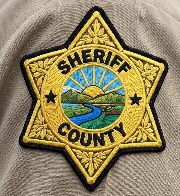 Embroidered Sheriff County star patch on a tan uniform