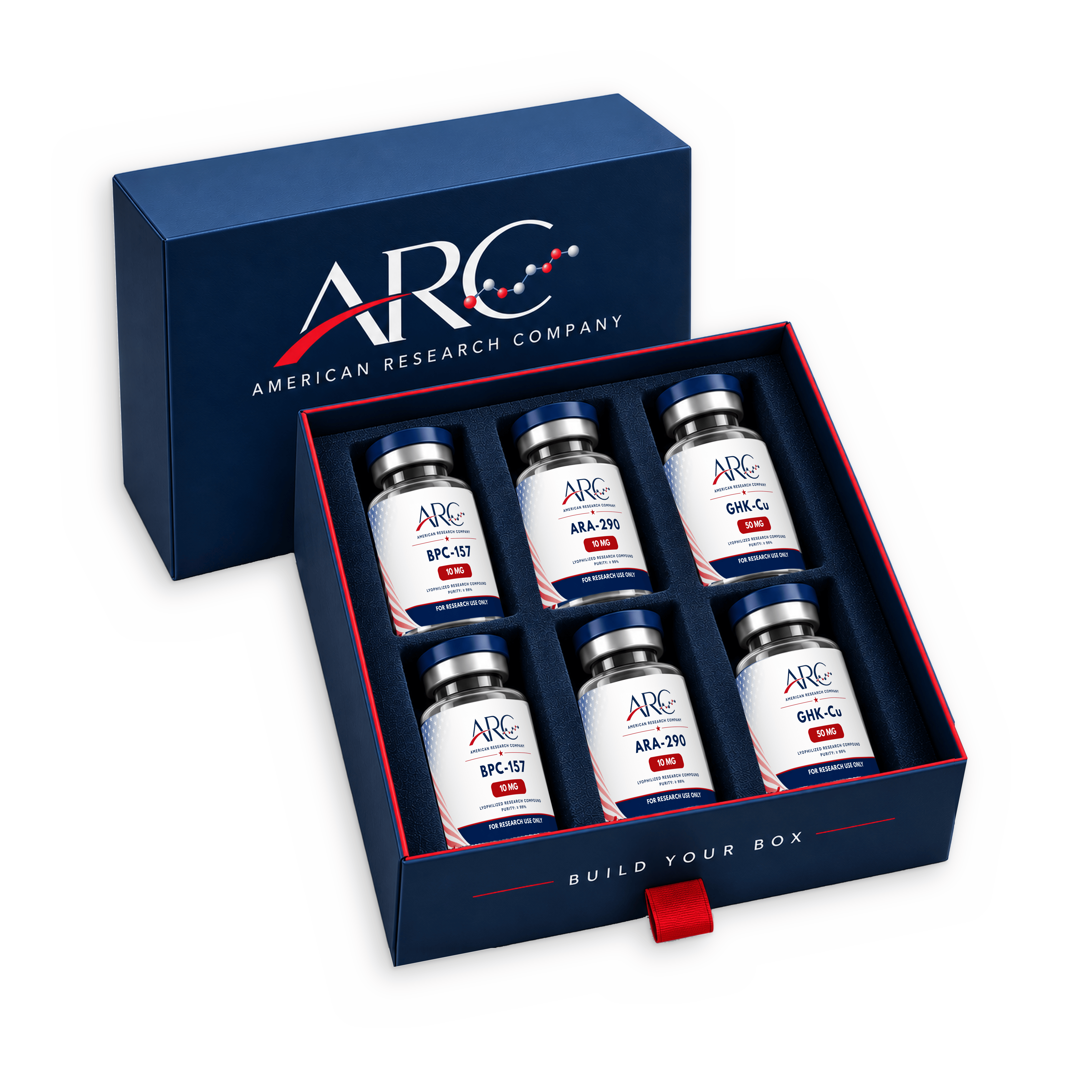 ARC custom research box with six vials and navy presentation lid