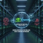 Nvidia & OpenAI Unleash $100B AI Collaboration: Is 10 GW Enough to Lead the Next AI Wave? A futuristic data center with glowing blue server racks and interconnected circuits, symbolizing the partnership between Nvidia and OpenAI in expanding AI hardware infrastructure, with a focus on Vera Rubin chips and the associated investment and risks.