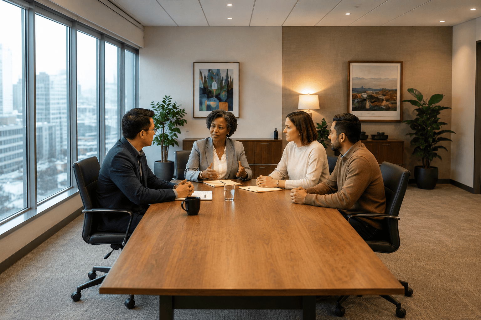 A multicultural group participating in a professional mediation discussion