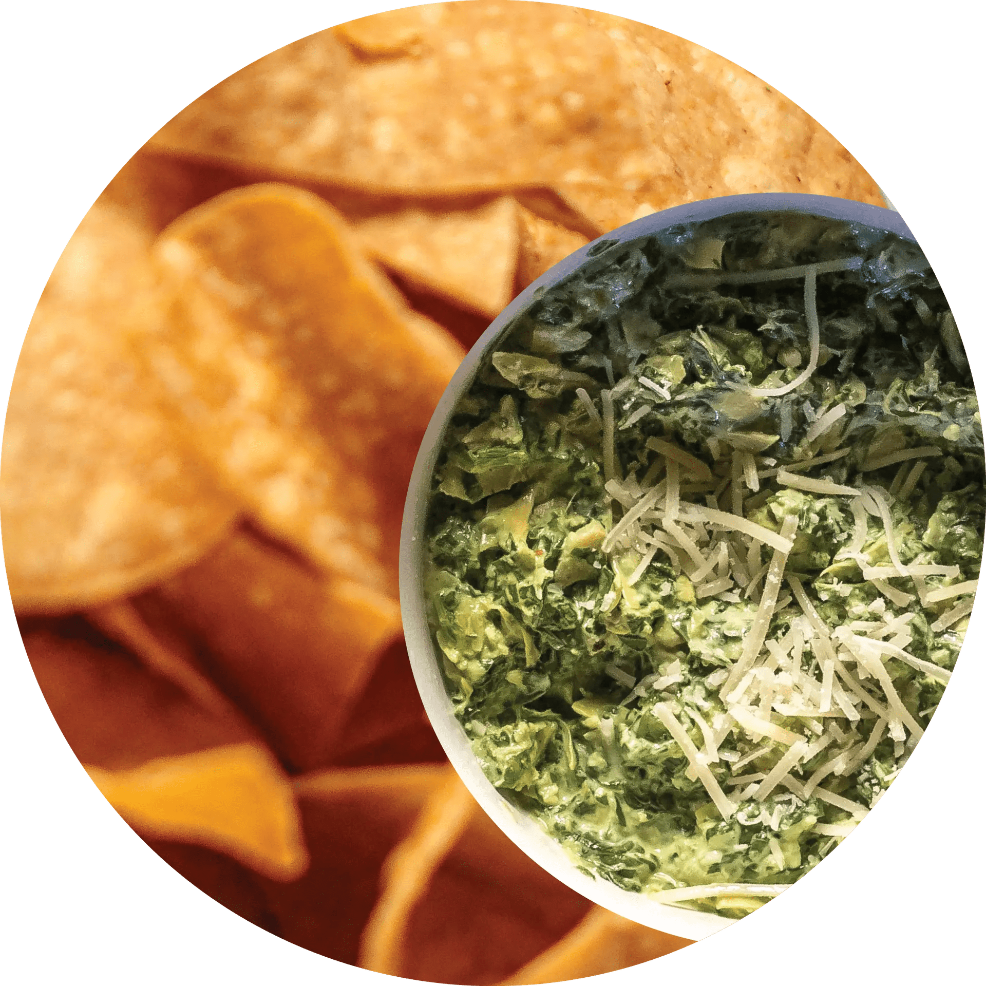 Close-up shot of delicious Spinach Artichoke Dip at Amici, served with tortilla chips.