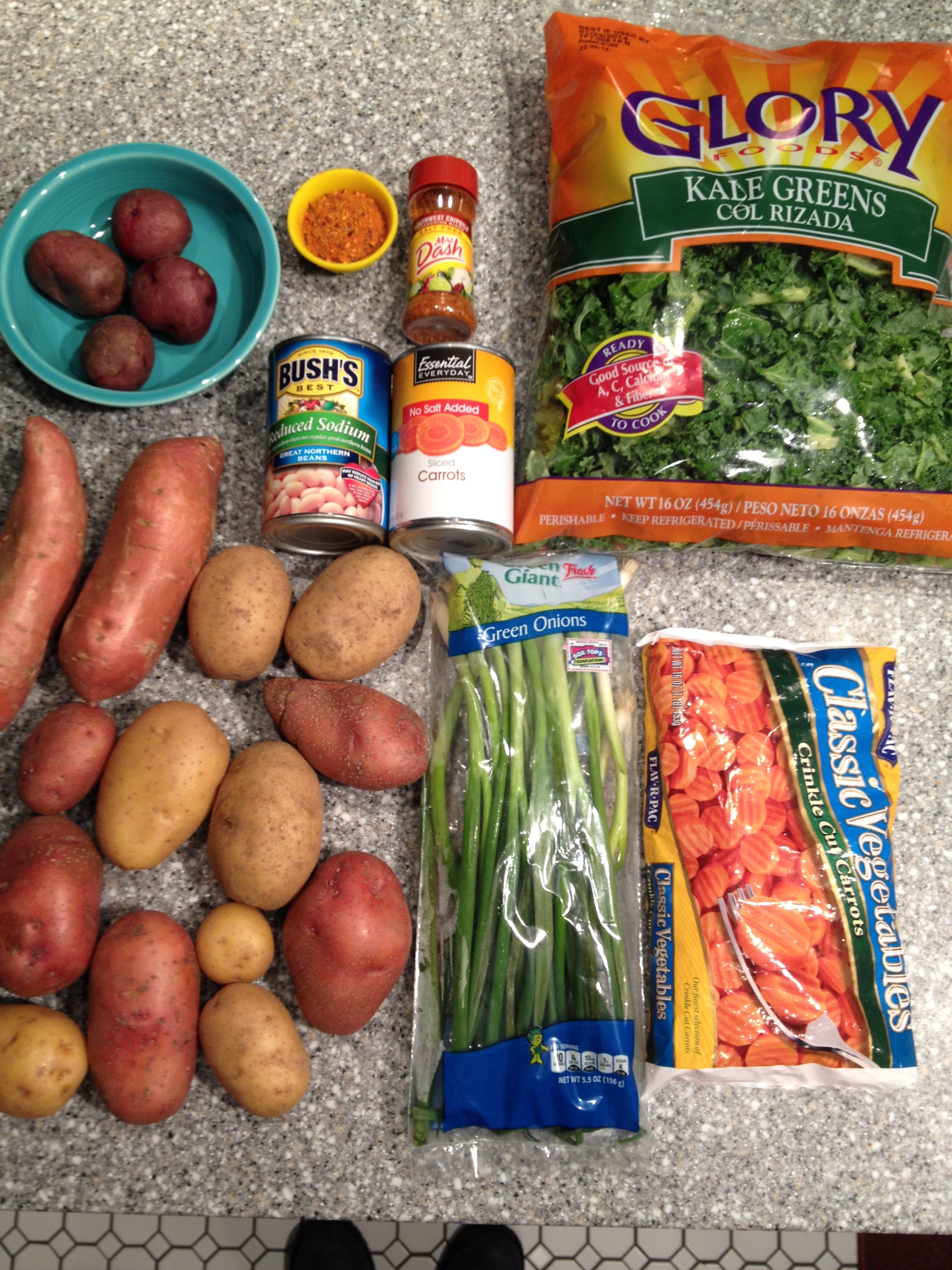 Your Ingredients: 4 small cooked potatoes, 4 tablespoons of a smokey/paprika type salt-free seasoning, 2 cups of shredded kale, a dozen or so potatoes of your choosing, green onions, a bag of frozen carrots, 64 oz. of water.