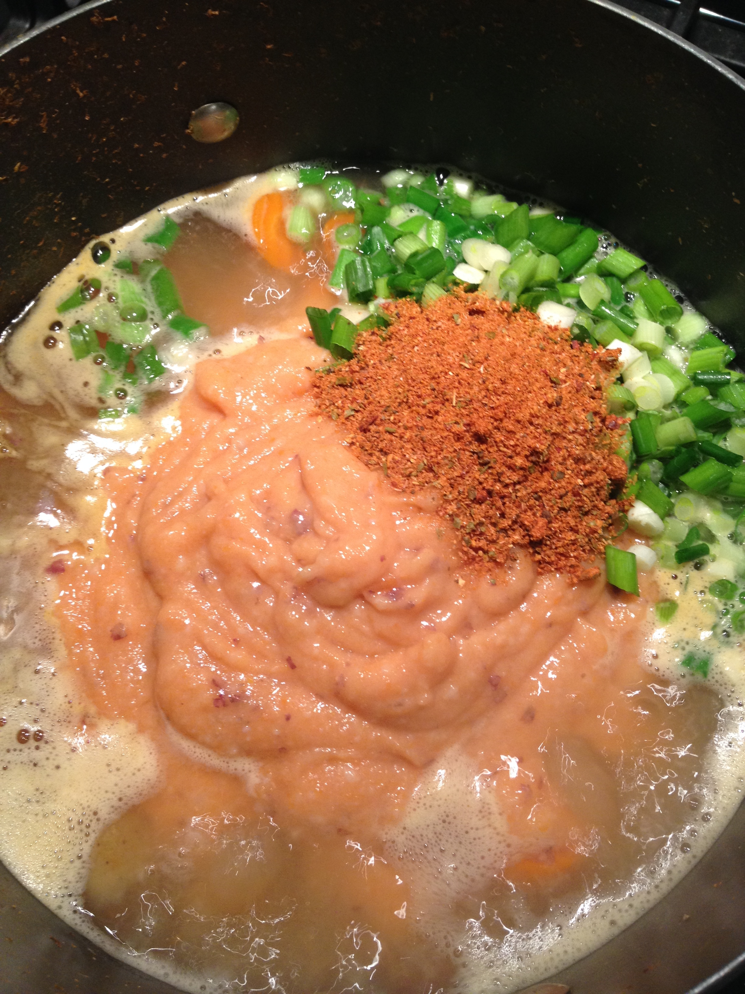 Add your bean/carrot/potato puree, your green onions, your spices.