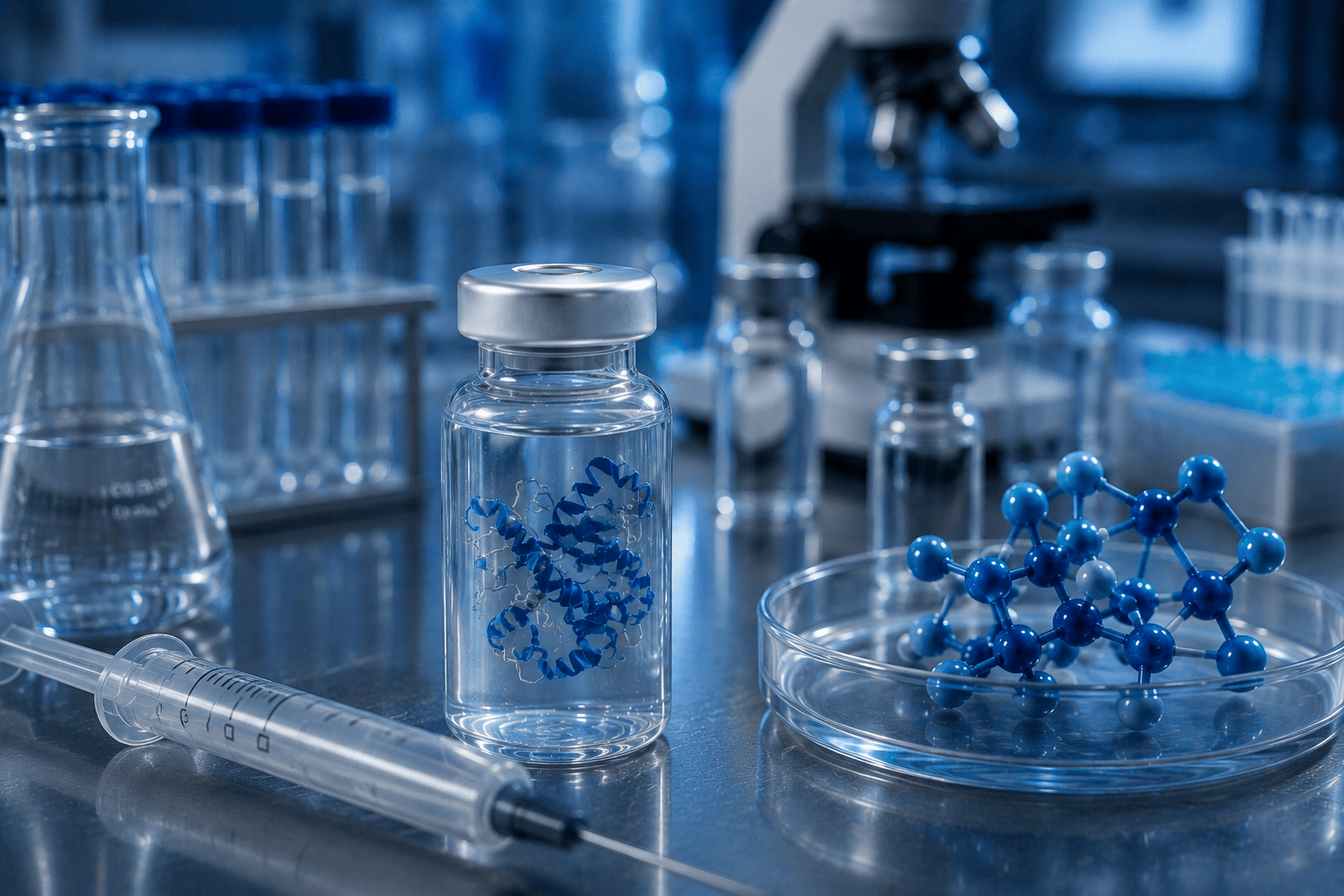 Hyper-realistic laboratory scene representing Thymosin Alpha-1 peptide research. A detailed blue protein-like molecular structure is suspended inside a glass vial on a reflective stainless-steel laboratory bench, surrounded by a petri dish with a molecular model, microscope, glassware, test tubes, and precision laboratory equipment. The cool blue lighting and sterile research environment convey themes of immunology, peptide science, biotechnology, and ongoing biomedical research into Thymosin Alpha-1 and immune system function.