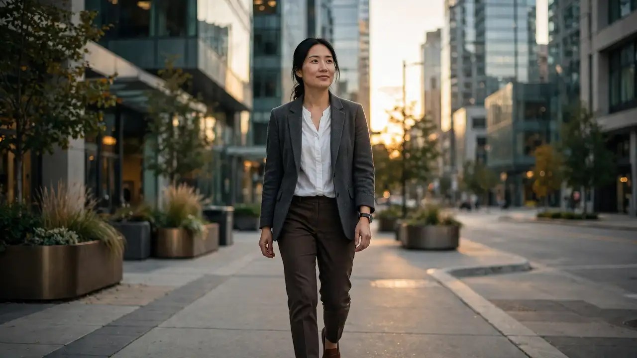 A professional woman walks along a bright modern downtown sidewalk at golden hour, glass office towers behind her