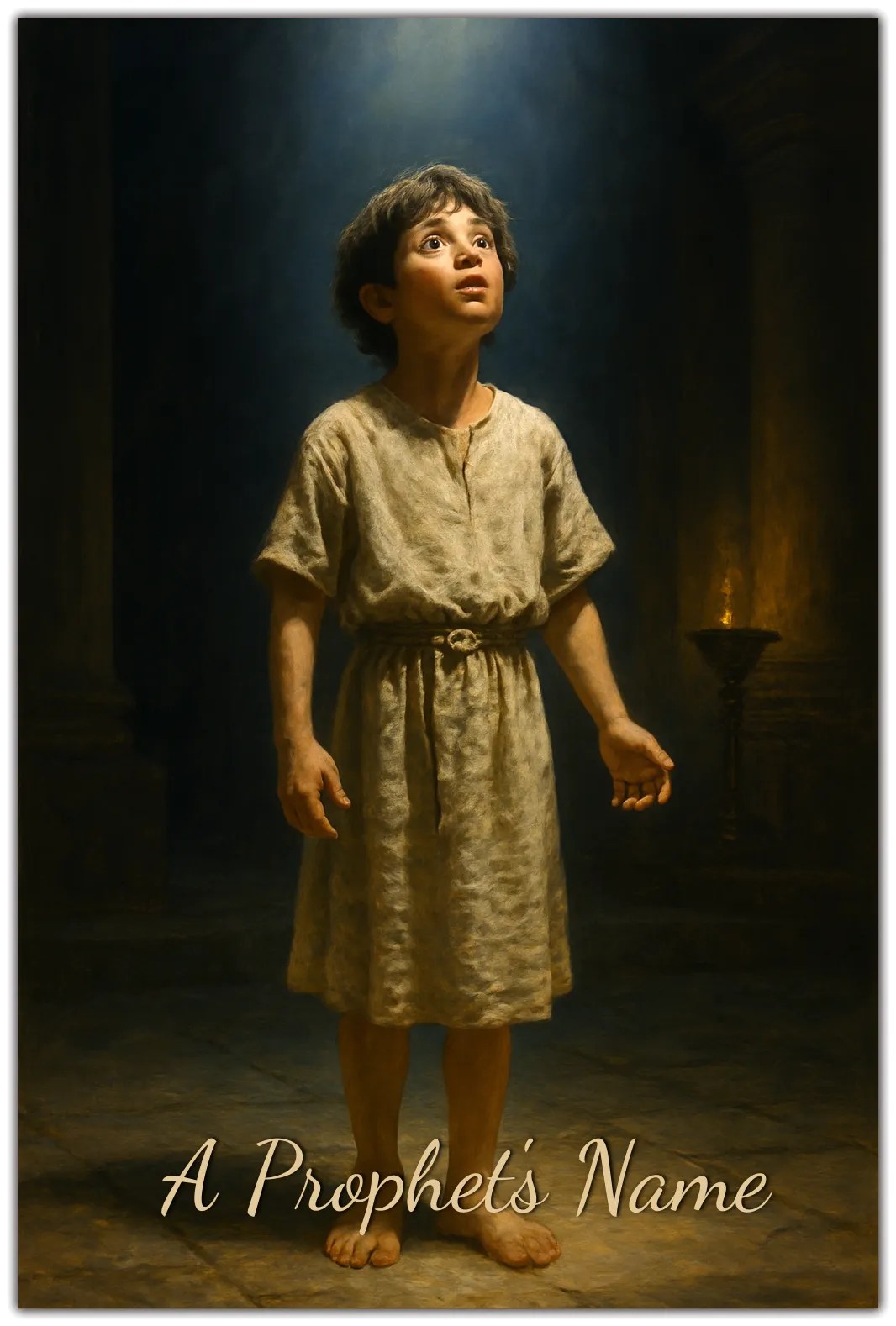 A young Hebrew boy dressed in simple linen, standing barefoot in the temple at night, looking upward with wide eyes as a soft light shines down on him, representing YaHuWaH’s voice calling him.