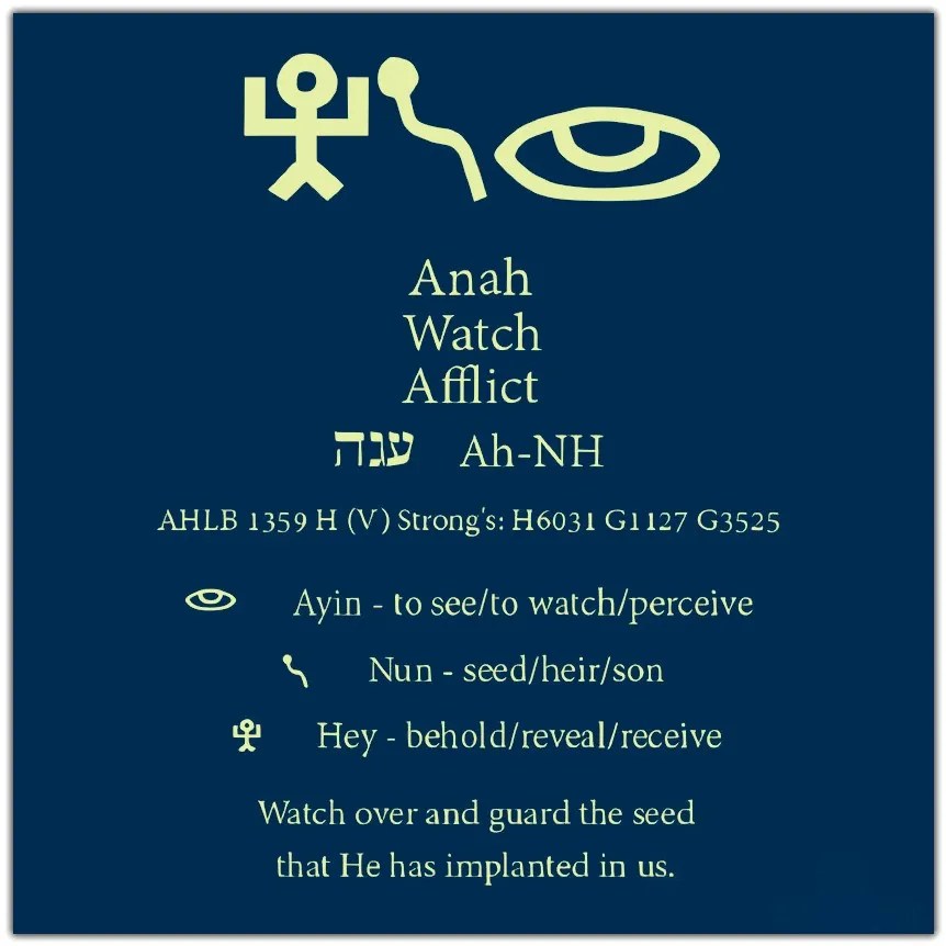“Paleo-Hebrew and modern Hebrew depiction of the word ‘Anah’ (ענה), meaning ‘Watch,’ ‘Afflict.’ Includes Strong’s Concordance references H6031, G1127, and G3525, with the transliteration Ah-NH. Each letter is explained: Ayin (to see/watch/perceive), Nun (seed/heir/son), and Hey (behold/reveal/receive). Caption reads: ‘Watch over and guard the seed that He has implanted in us.’”