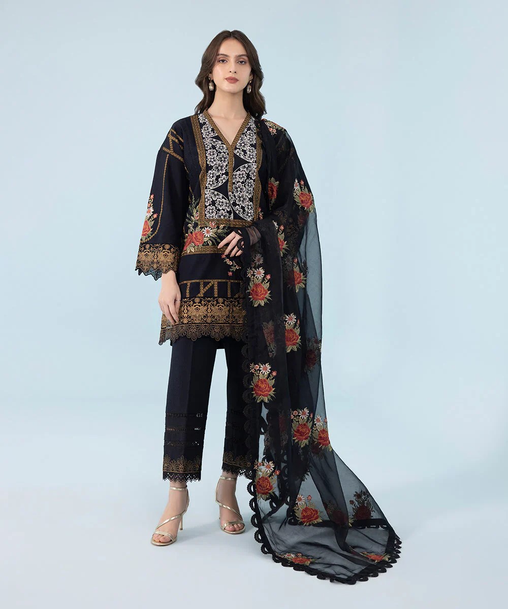 Sapphire Unstitched 3 Piece Embroidered Cotton Karandi Suit Amna