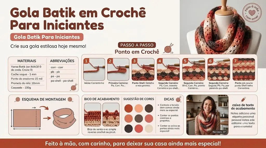 Gola Batik em Crochê Para Iniciantes