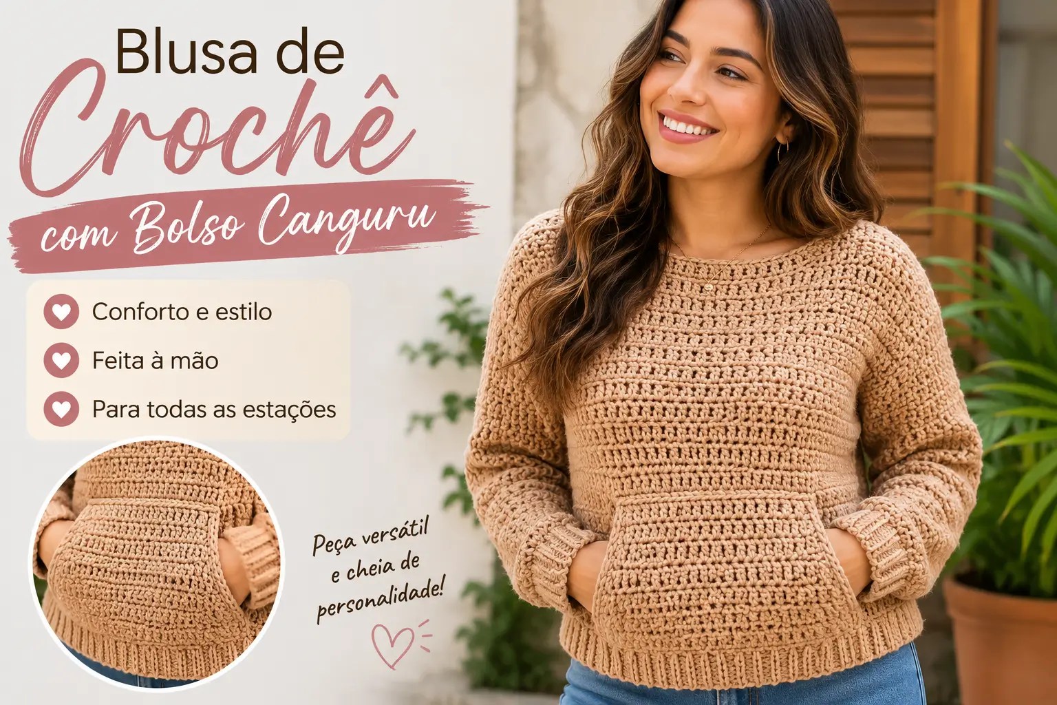 Blusa de Crochê com Bolso Canguru