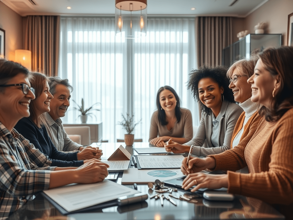 A group of clients sitting around a table giving mortgage mom 5 star reviews