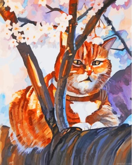 Ginger Cat In Cherry Tree Paint By Numbers