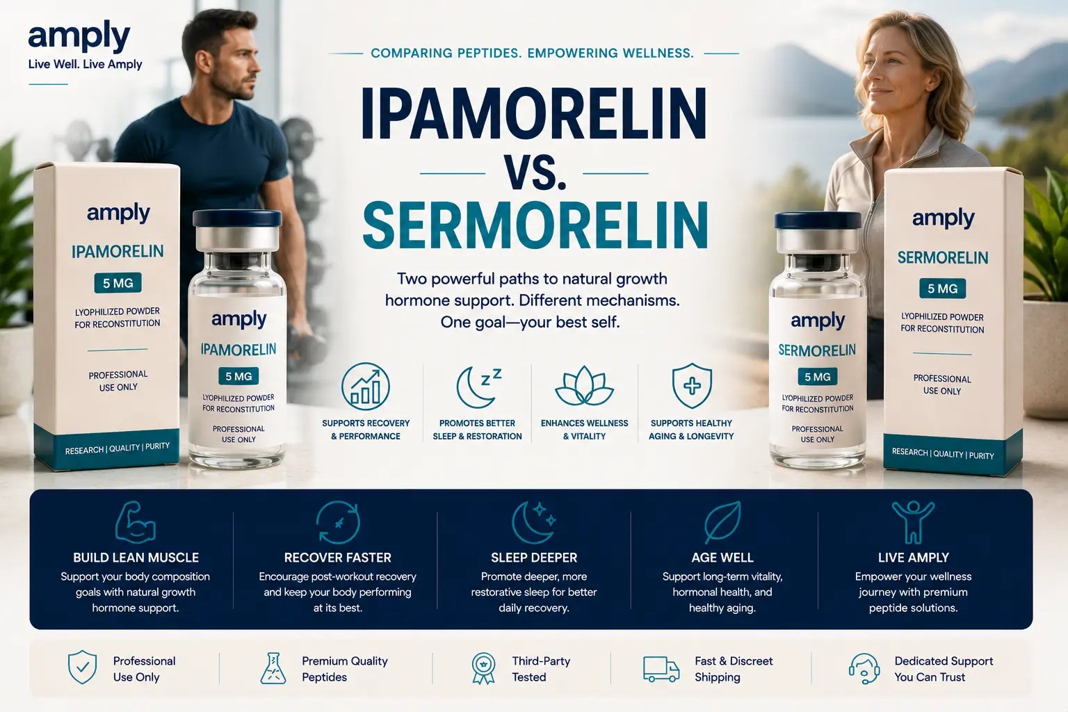 Amply hero comparison graphic featuring professional-use Ipamorelin and Sermorelin peptide vials and branded packaging displayed side-by-side. The infographic highlights key wellness areas including recovery support, body composition goals, sleep quality, vitality, healthy aging, and natural growth hormone support.