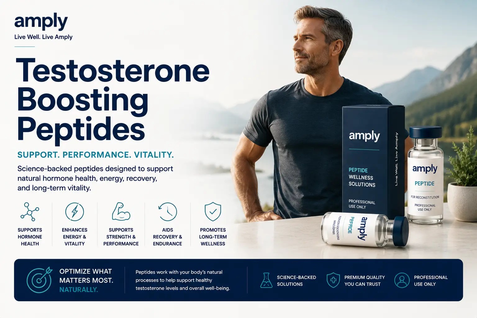 Amply hero image featuring generic professional-use peptide packaging and vials alongside an active, healthy middle-aged man in a premium wellness setting. The graphic highlights natural hormone support, energy, recovery, strength, performance, endurance, and long-term vitality without referencing a specific peptide