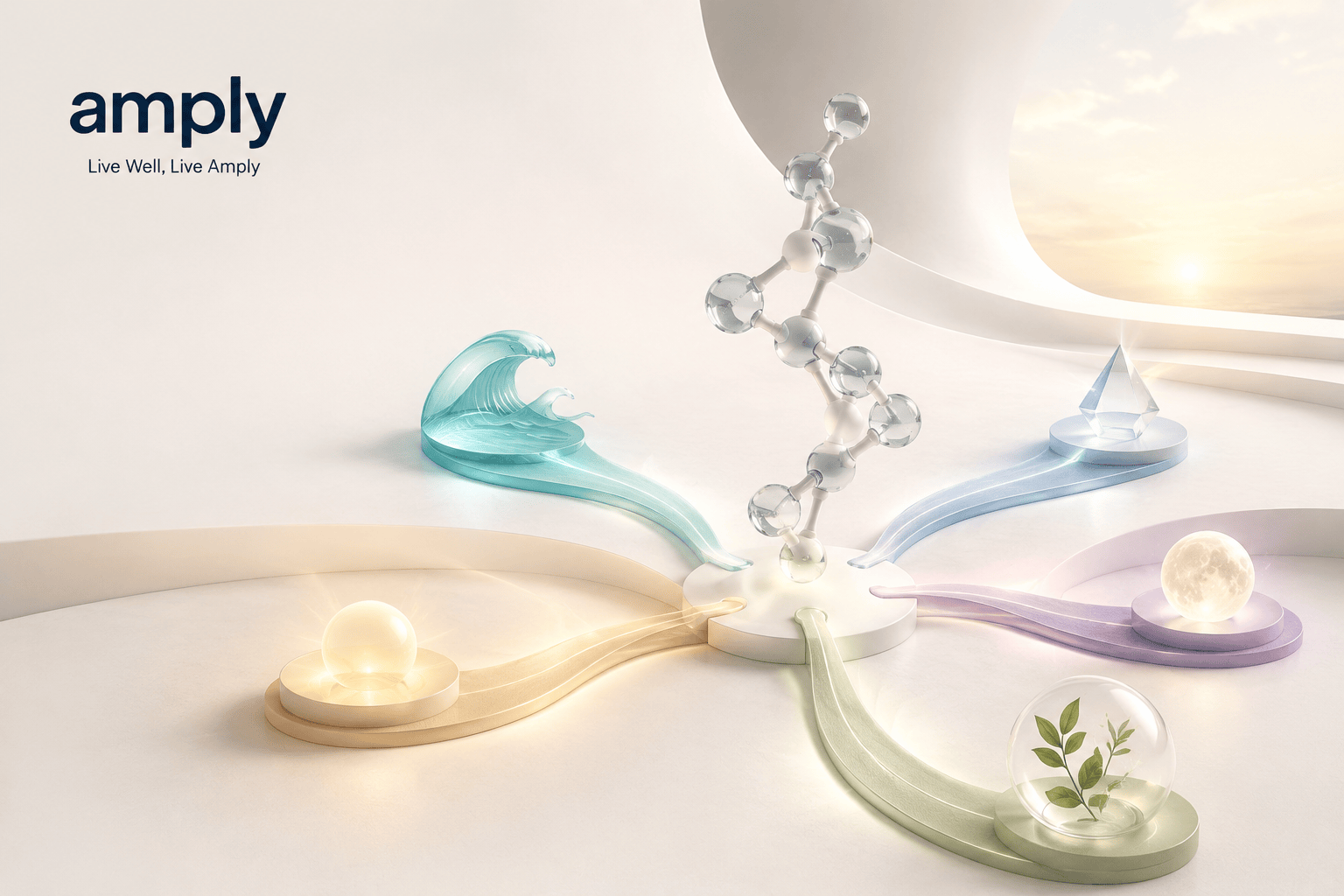 Abstract peptide-inspired structure with pathways representing energy, recovery, mental clarity, restful wellness, and healthy aging.