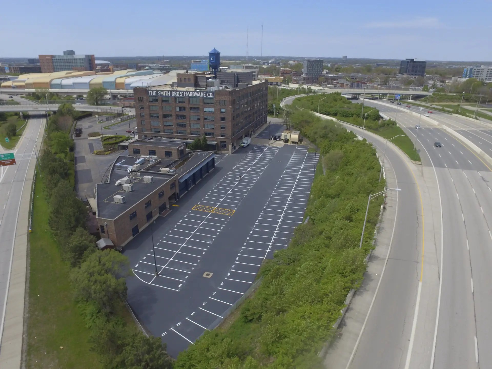 Aerial view of a vacant parking lot.