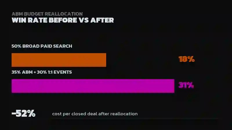 Bar chart comparing 18% win rate for 50% broad paid search allocation versus 31% for 35% ABM plus 30% one-to-one events allocation, with a -52% cost per closed deal stat