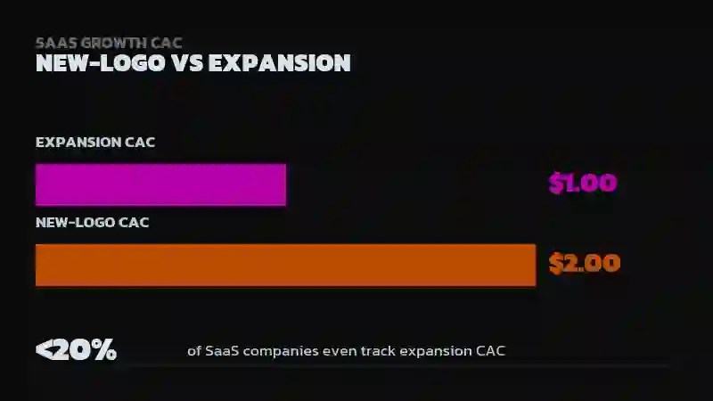 Bar chart comparing $2.00 new-logo CAC per $1 ARR versus $1.00 expansion CAC per $1 ARR, with a stat noting fewer than 20% of SaaS companies track expansion CAC