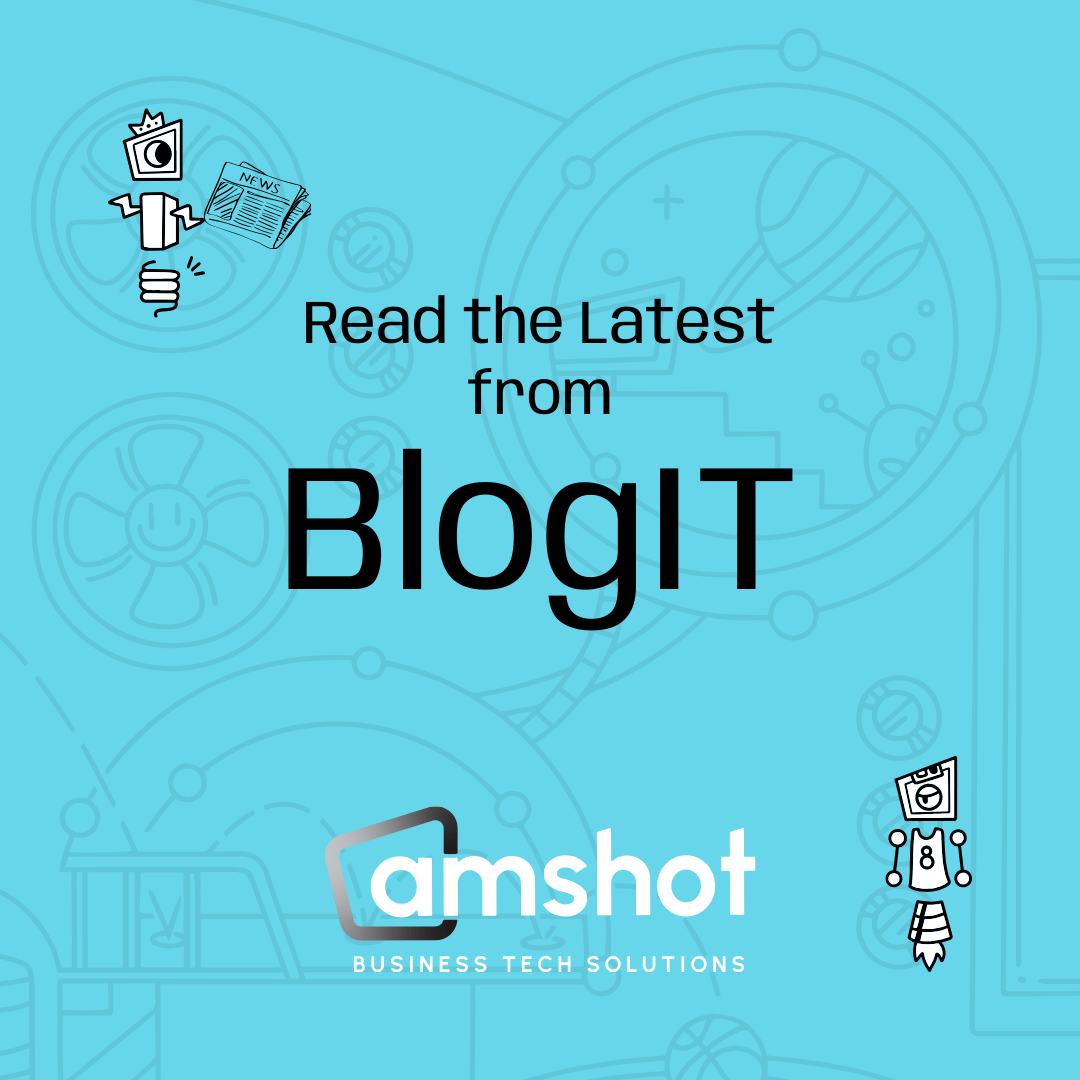 This image is a promotional graphic inviting viewers to read the latest from "BlogIT" with icons suggesting technology and innovation, presented by "amshot Business Tech Solutions."
