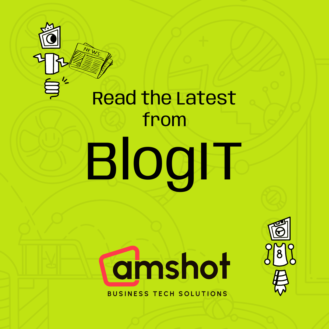 A promotional image featuring a bright green background with doodle-style graphics invites readers to check "BlogIT" from "amshot Business Tech Solutions."