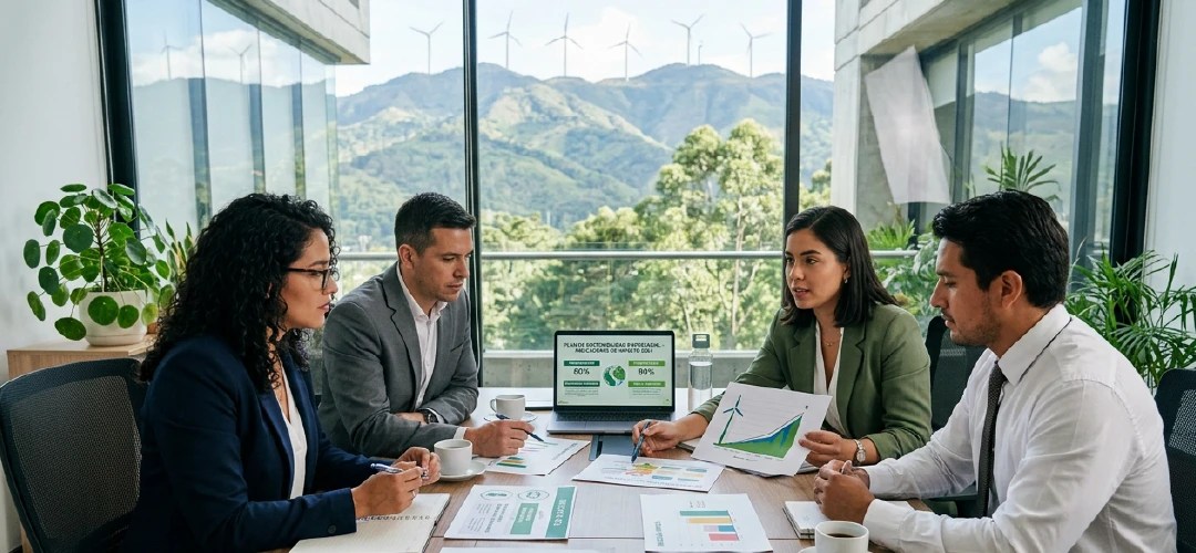 Directivos latinoamericanos implementando plan de sostenibilidad empresarial con indicadores de impacto ambiental