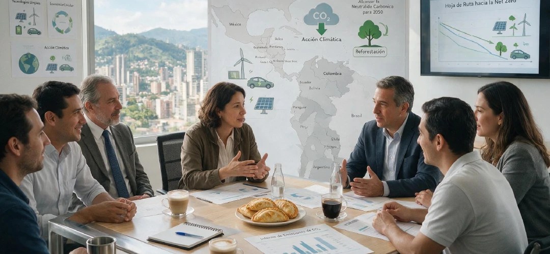 Equipo de negocios en Latinoamérica discutiendo temas de carbono neutralidad