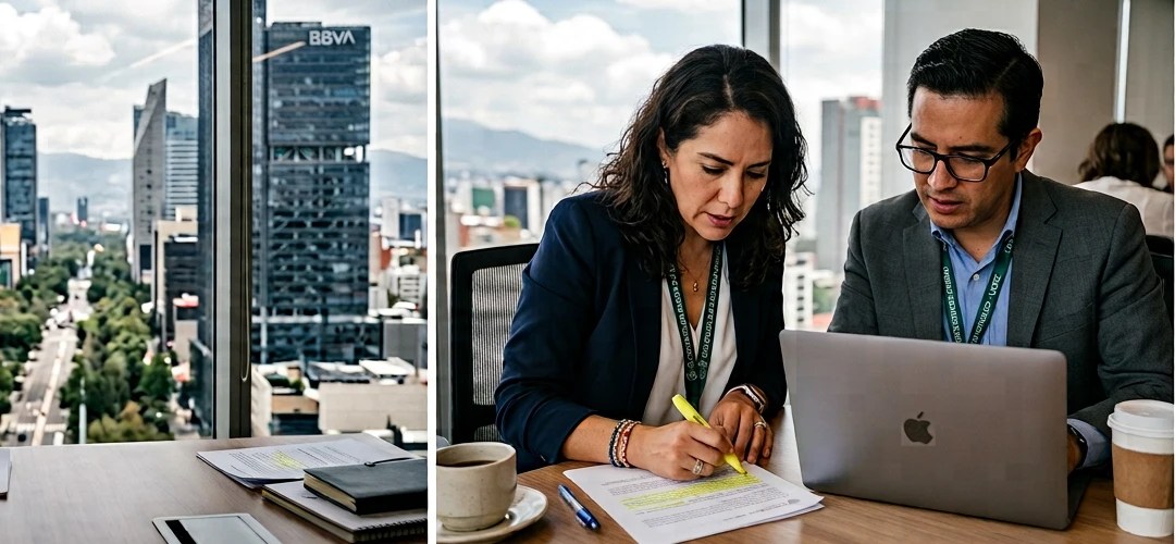 Ejecutivos mexicanos revisando obligaciones de la Ley General de Cambio Climático en oficina corporativa