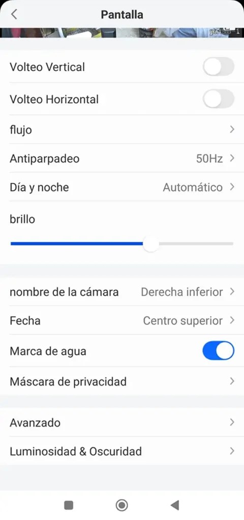 Menú de pantalla de la cámara Reolink TrackMix PoE en la app Reolink, con opciones de volteo vertical y horizontal, ajuste de flujo, antiparpadeo a 50 Hz, modo día y noche automático, control de brillo, posición del nombre y fecha, marca de agua y máscara de privacidad.