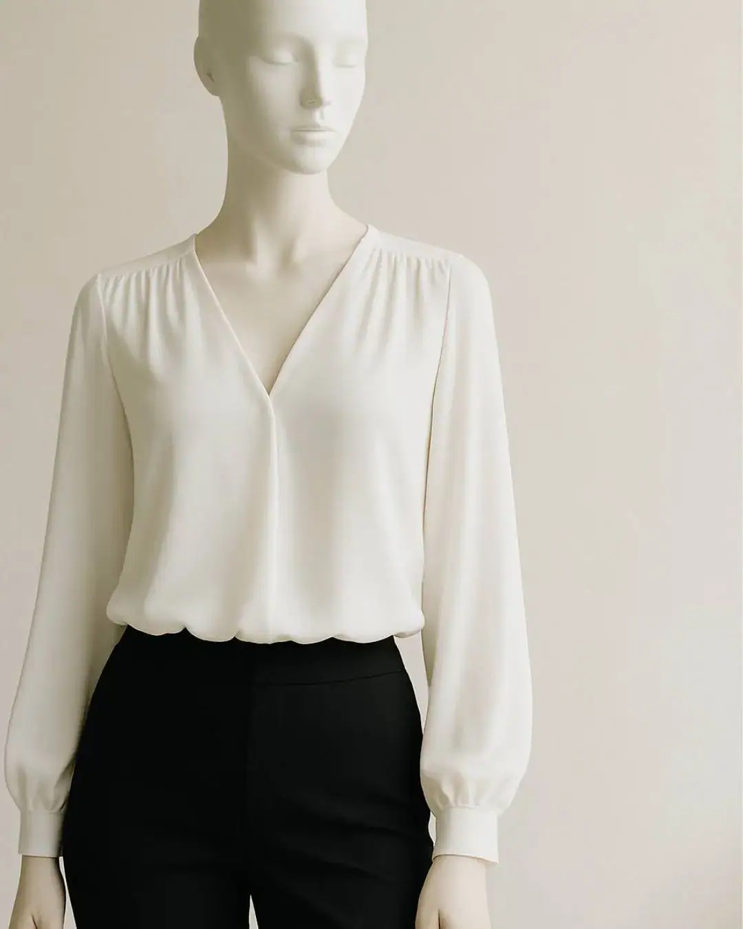 Maniqu femenino con blusa blanca de cuello clsico y mangas largas en un fondo neutro que resalta la suavidad y estructura elegante de la prenda