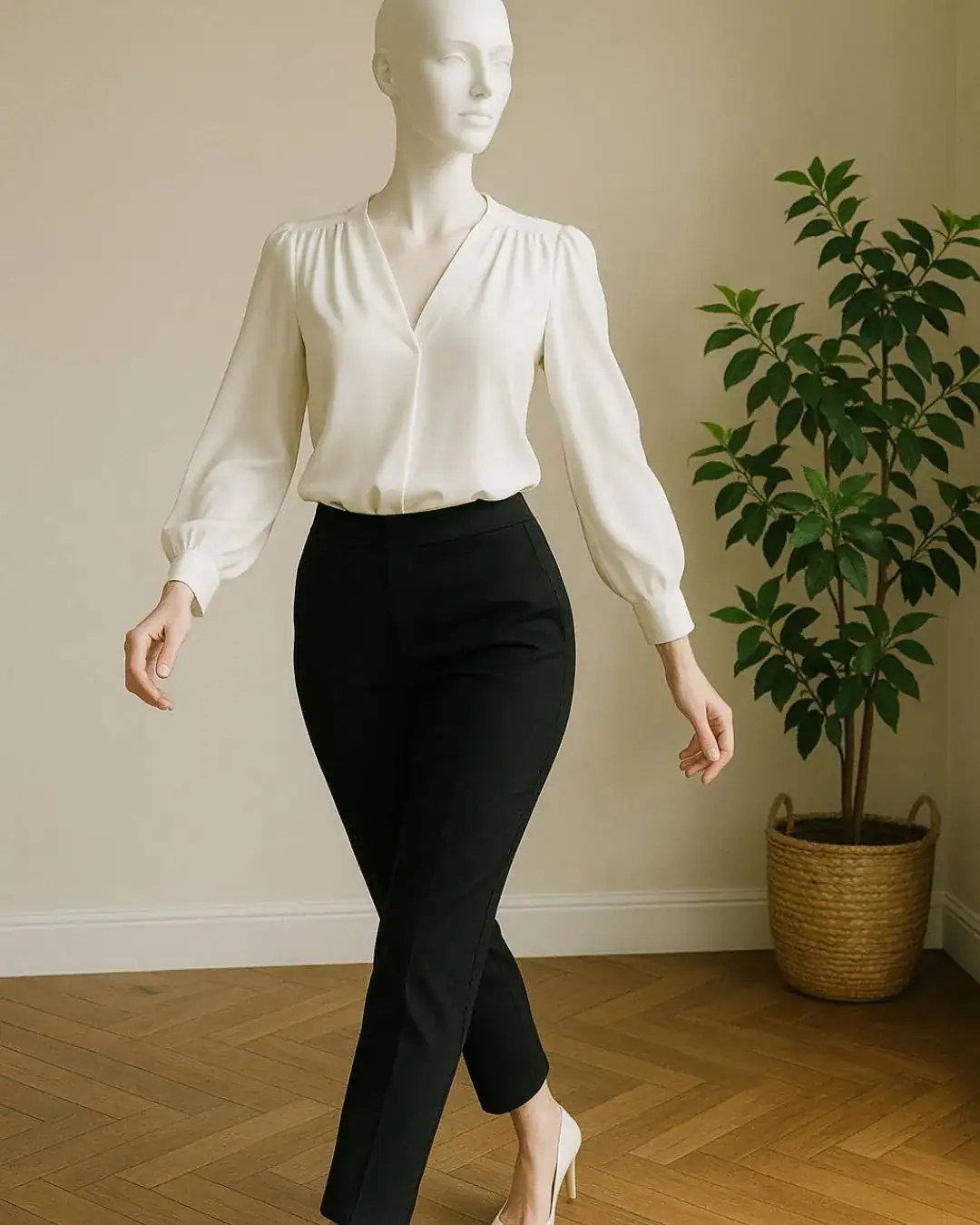 Maniqu luciendo una blusa blanca de corte sencillo pero elegante acompaado de cortinas beige y una planta que aportan calidez y sofisticacin a la escena