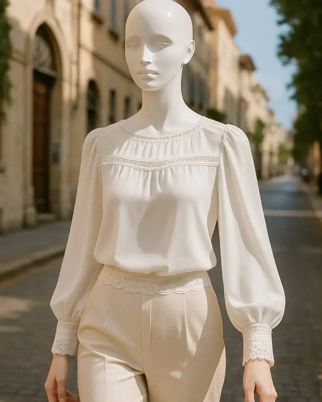Maniqu caminando por una calle empedrada en da soleado vistiendo una blusa blanca con encajes y mangas abullonadas evocando elegancia delicada y confianza
