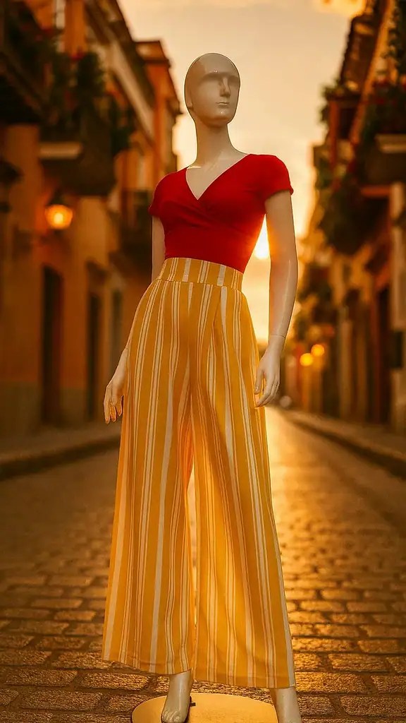Maniquí con palazzo amarillo de rayas y blusa roja ajustada, look vibrante y veraniego lleno de energía.